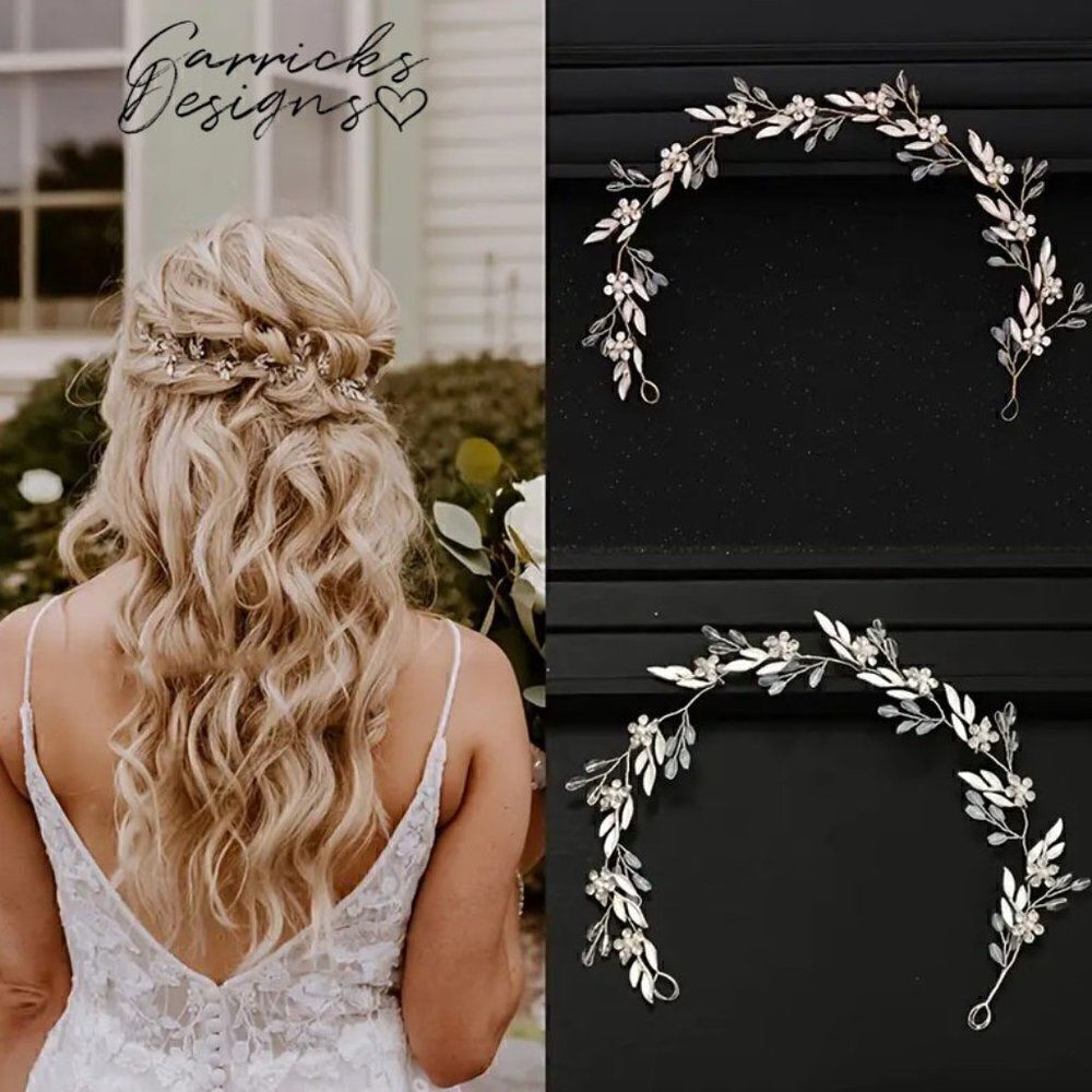 Bridal Floral Pearl and Crystal Hair Vine Wreath Silver or Rose Gold